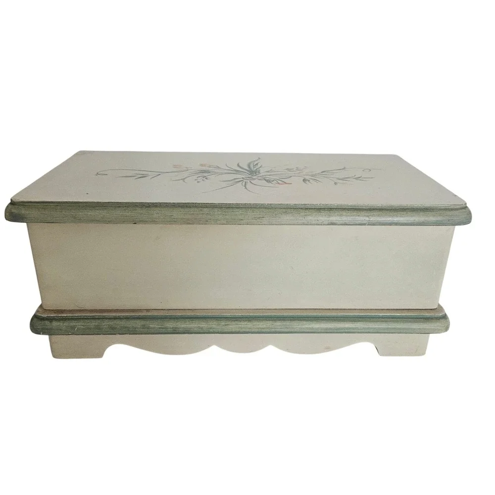 Vintage Floral Wood Jewelry Box Cream Green Hand Painted Mirror Removable Tray